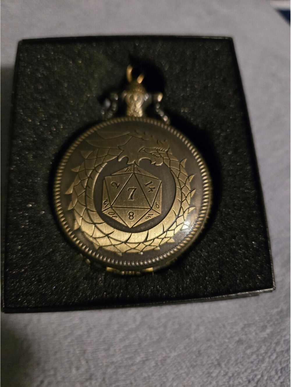 Vintage Style Pocket Watch with Dragon and Dice Design, Antique Bronze